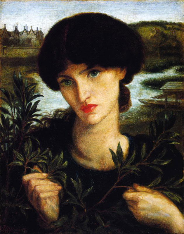 Water Willow (1871), by Dante Gabriel Rosetti is a portrait of Jane Morris. Kelmscott Manor can be seen in the background on the left.