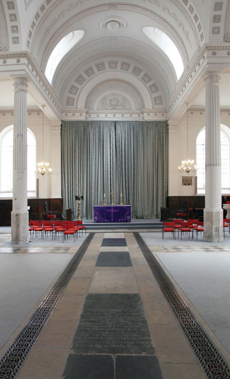 The interior of St Mary-at-Hill in its current state of partial restoration. Photo: Will Martin, 2014