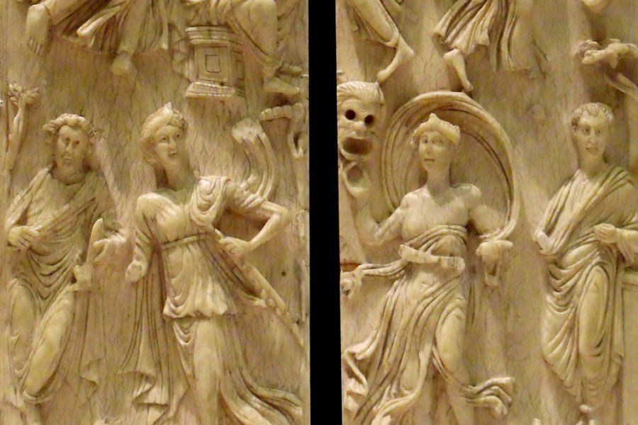 Ivory diptych showing images of the muses together with ancient scholars or scientists (5th century), possibly Gaul. Musée du Louvre.