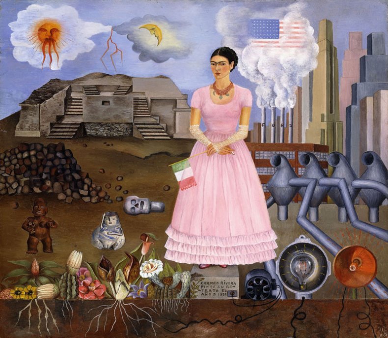 Self-Portrait on the Border Line Between Mexico and the United States (1932), Frida Kahlo. © Banco de México Diego Rivera Frida Kahlo Museums Trust, Mexico, D.F./Artists Rights Society (ARS), New York