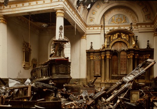 St Mary-at-Hill photographed on 12 May 1988, two days after a fire had destroyed most of the roof. Apollo magazine.