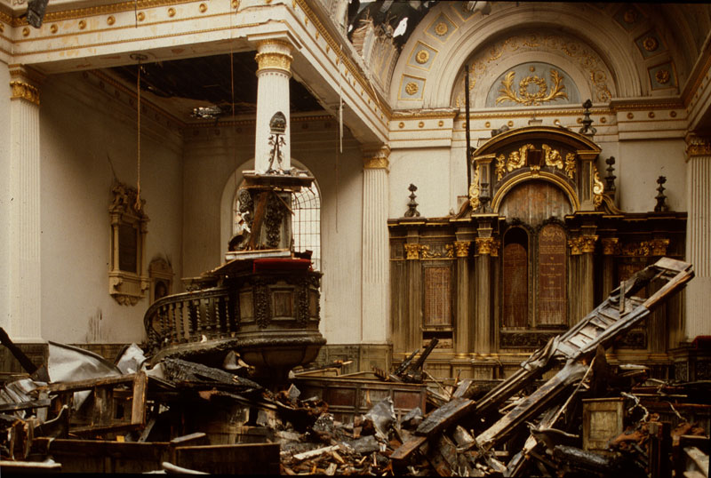 St Mary-at-Hill photographed on 12 May 1988, two days after a fire had destroyed most of the roof. Apollo magazine.