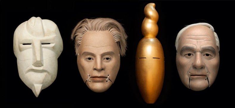 Simon Starling’s (b. 1967) masks of Ezra Pound (after Henri Gaudier-Brzeska), W.B. Yeats, Nancy Cunard (after Constantin Brancusi) and Henry Moore. Courtesy the artist and The Modern Institute/Toby Webster Ltd, Glasgow/Henry Moore; photo: Ruth Clark