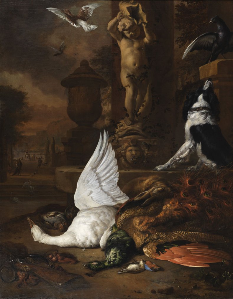 Still life with a dead swan, a peacock and a dog next to a fountain