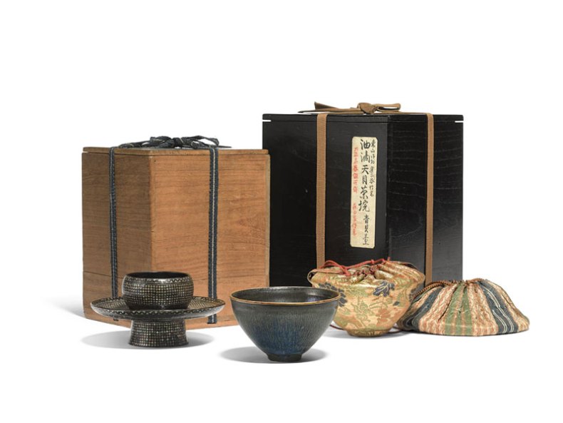 nogime tenmoku tea bowl, Southern Song dynasty (1127–1279), with stand, pouches and boxes.
