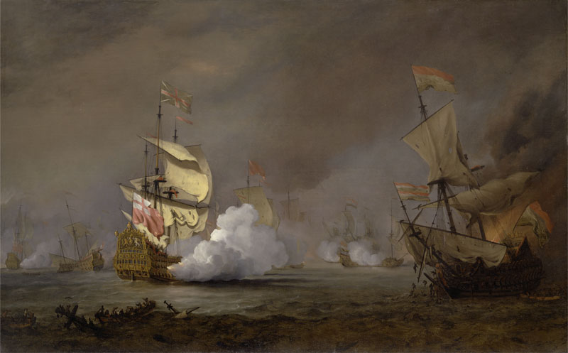 Sea Battle of the Anglo-Dutch Wars (detail; c. 1700), Willem van de Velde the Younger. Yale Center for British Art, Paul Mellon Collection