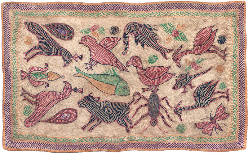 Kantha embroidered and quilted with birds and animals (late 19th century), India, West Bengal. This is the first work that Jagdish Mittal bought, in 1946.