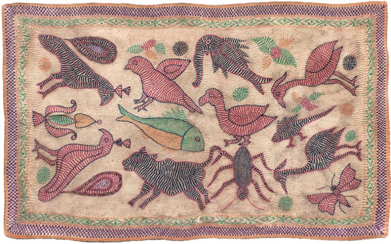 Kantha embroidered and quilted with birds and animals (late 19th century), India, West Bengal. This is the first work that Jagdish Mittal bought, in 1946.