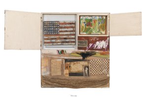 Short Circuit (1955), Robert Rauschenberg, Combine constructed of oil, fabric and paper on wood supports and cabinets (illustrated open and closed) containing a Susan Weil painting and Jasper Johns reproduction. Art Institute of Chicago.