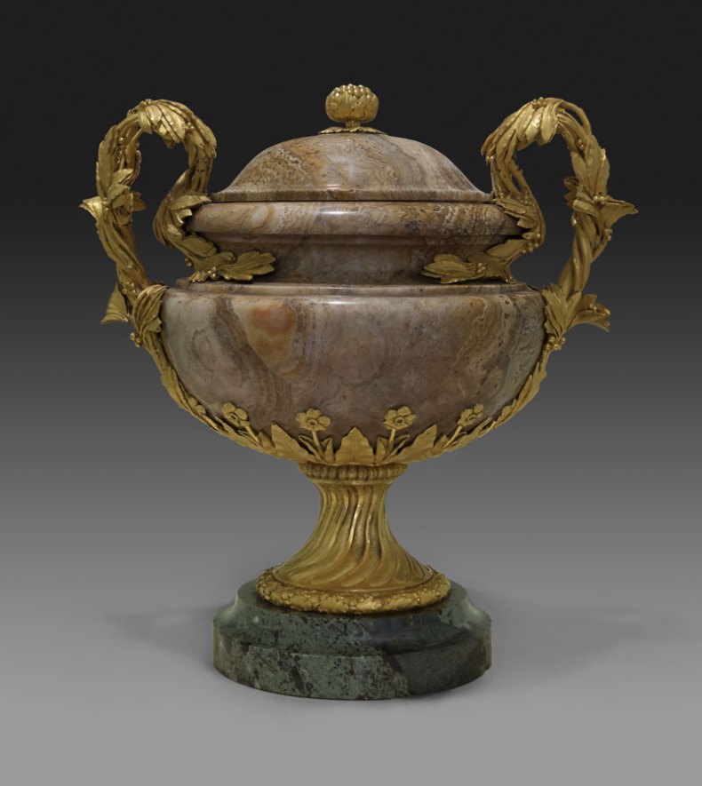 One of a pair of vases (c. 1770−75), gilt bronze by Pierre Gouthière, alabaster (probably 18th century) probably carved by Augustin Bocciardi or Pierre-Jean-Baptiste Delaplanche, green marble. After a design by François-Joseph Bélanger. Private collection. Photo: Joseph Godla