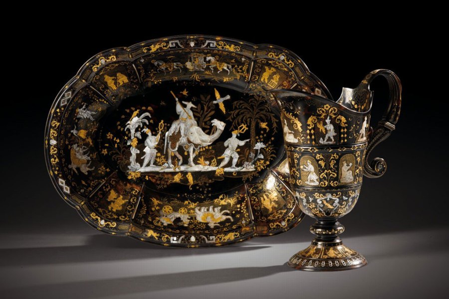 A tortoiseshell, mother-of-pearl and gold piqué rosewater ewer and basin (first half 18th century), Naples. Sotheby's: estimate €400,000–600,000
