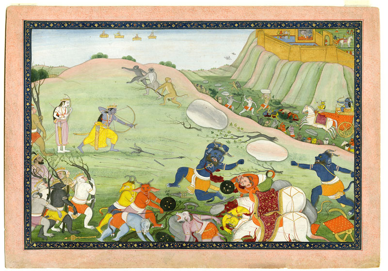Rama kills the demon warrior Makaraksha in combat. From a manuscript of the Ramayana (c. 1790), India; Himachal Pradesh state, former kingdom of Guler. Photo © Asian Art Museum of San Francisco