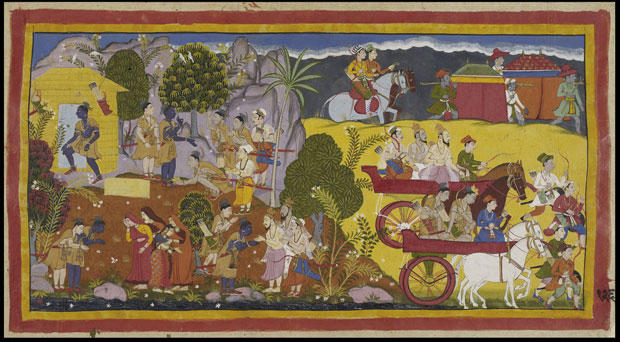 Rama refuses his brother Bharata’s entreaties to return. Page from the Mewar Ramayana (1649–53), Sahibdin. The British Library. Photograph © Asian Art Museum of San Francisco