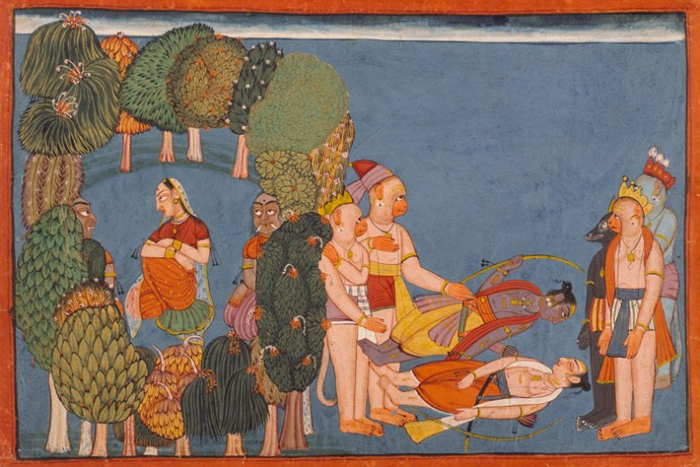 Sita in the forest grove (left); Rama and Lakshmana stricken (right) Folio from the ‘Shangri’ Ramayana (c. 1700–10). India; Bahu, Jammu and Kashmir. Los Angeles County Museum of Art