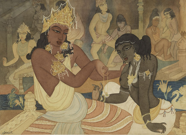 Carudatta Presenting a Pearl Necklace to Vasantesena, (c. 1952), Y. G. Srimati.