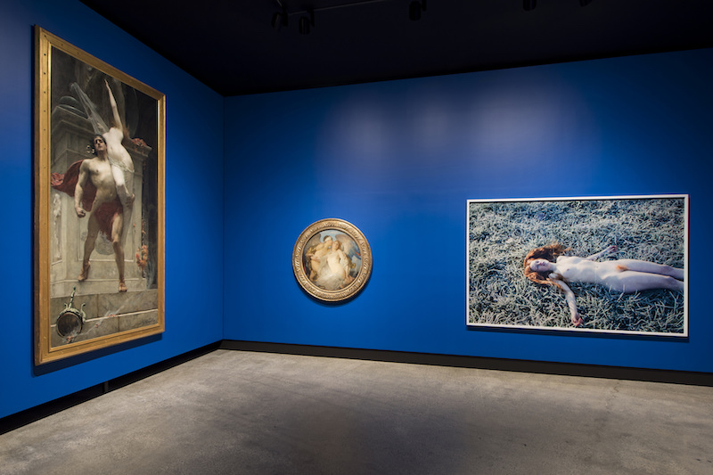 <em>Ajax and Cassandra</em> (1886) (left) and <em>Eros</em> (<em>c</em>. 1921) by Solomon J. Solomon, and <em>India (Frost)</em> (2013) (right) by Ryan McGinley, installation view, Mona. Photo: Mona/Rémi Chauvin