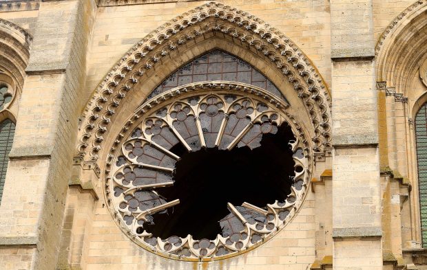 The west rose window of Saint-Gervais-et-Saint-Protais of Soissons on 13 January, 2017 after it was shattered by an overnight storm in northern France. François Nascimbeni/AFP/Getty Images