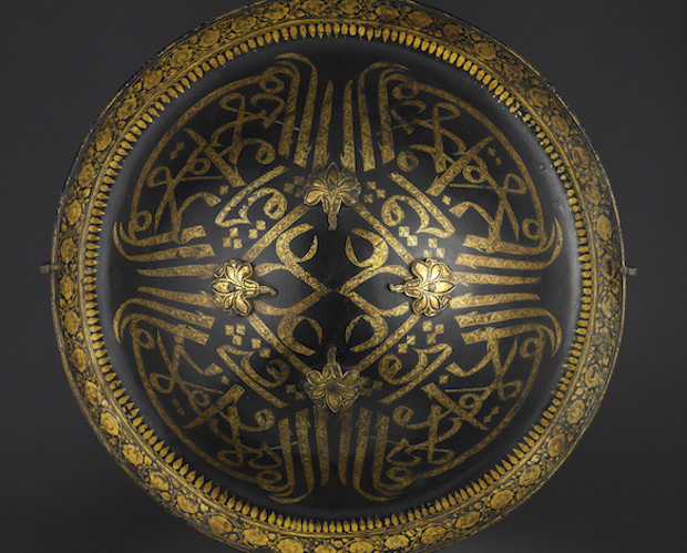 Lacquered hide shield (dhal), second half of the 18th century, India, probably Mysore, buffalo hide, gold and velvet, diam. 45cm. Peter Finer (£200,000)