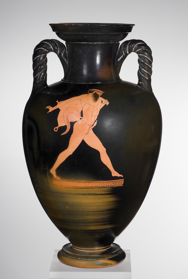Red-figure neck-amphora with twisted handles: A, Dionysos with thyrsos, kantharos, and lion; B, Satyr carrying a wineskin (c. 480 BC) Greek, Attic, attributed to the Berlin Painter. Image courtesy Staatliche Antikensammlungen und Glyptothek München