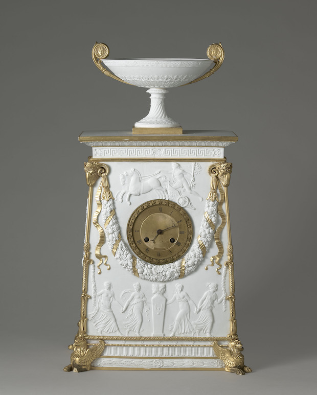 Bisque porcelain clock with gold highlights (1813), made by Sèvres Porcelain Manufactory. Sèvres, Cité de la céramique