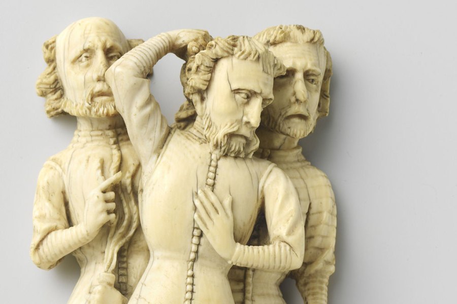 Three soldiers (from the Flagellation of Christ; 1360), Master of Agrafen, or a follower.