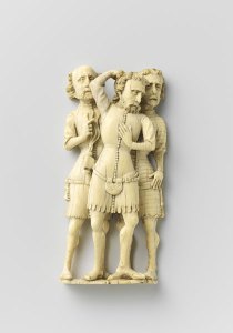 Three soldiers (from the Flagellation of Christ; 1360), Master of Agrafen, or a follower.