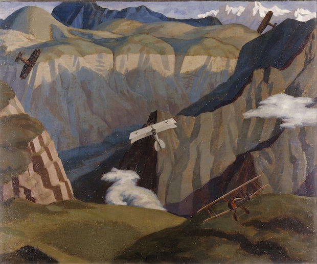 The Destruction of an Austrian Machine in the Gorge of the Valley of the Brenta (1918), Sydney Carline. Courtesy: Imperial War Museum