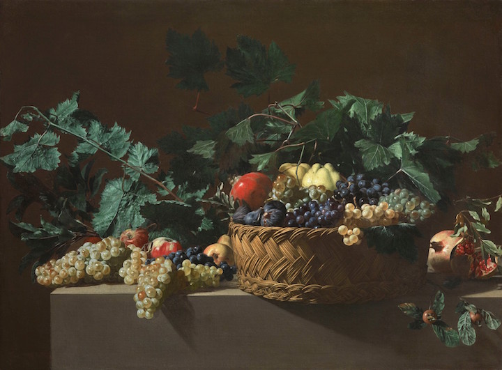 Still Life with Quinces, Apples, Azeroles (Hawthorn berries), Black grapes, White grapes, Figs and Pomegranates Bartolomeo Cavarozzi (1587–1625), Italian painter active in Spain. Sold at Colnaghi, asking price €5m