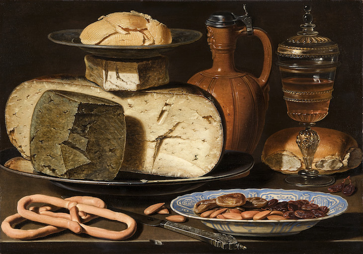 Still Life with Cheeses, Almonds, and Pretzels (c. 1615), Clara Peeters