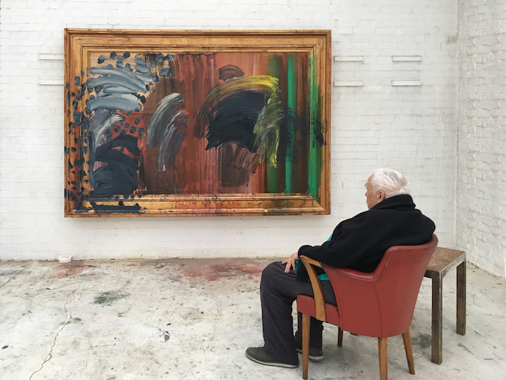Portrait of Howard Hodgkin featuring Portrait of the Artist Listening to Music (2016), photographed by Miriam Perez. Courtesy Gagosian.