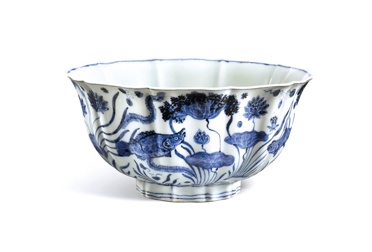 ‘Fish Pond’ bowl, Ming, Xuande period (1426–35), blue and white porcelain, diam. 23cm. Sotheby’s Hong Kong, estimate in the region of HK$100m