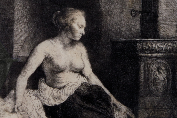 Woman sitting half-dressed beside a stove (detail) (1658), Rembrandt van Rijn. David Tunick Inc., price on application