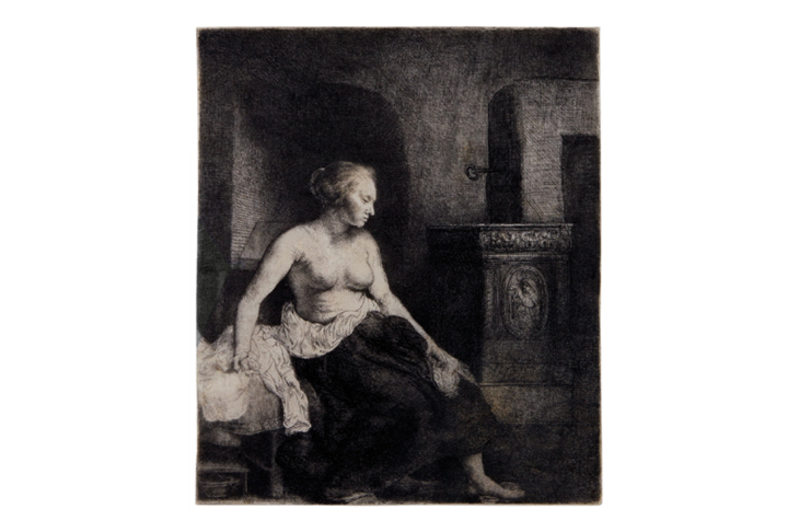 Woman sitting half-dressed beside a stove (1658), Rembrandt van Rijn. David Tunick Inc., price on application
