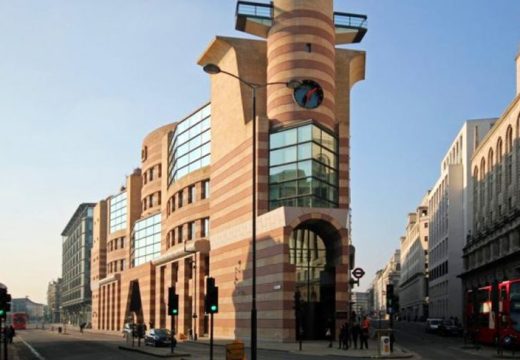 No. 1 Poultry, London, designed by James Stirling Michael Wilford Associates and completed in 1998.