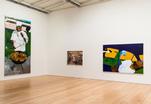 Installation view of The 4th (2012–17) and THE TIMES THAY AINT A CHANGING, FAST ENOUGH! (2017), by Henry Taylor, at the Whitney Biennial 2017. Collection of the artist; courtesy Blum & Poe, Los Angeles/New York/Tokyo | Collection of the artist; courtesy Rhona Hoffman Gallery, Chicago, and Sikkema Jenkins & Co., New York