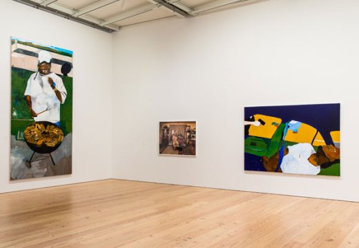 Installation view of The 4th (2012–17) and THE TIMES THAY AINT A CHANGING, FAST ENOUGH! (2017), by Henry Taylor, at the Whitney Biennial 2017. Collection of the artist; courtesy Blum & Poe, Los Angeles/New York/Tokyo | Collection of the artist; courtesy Rhona Hoffman Gallery, Chicago, and Sikkema Jenkins & Co., New York