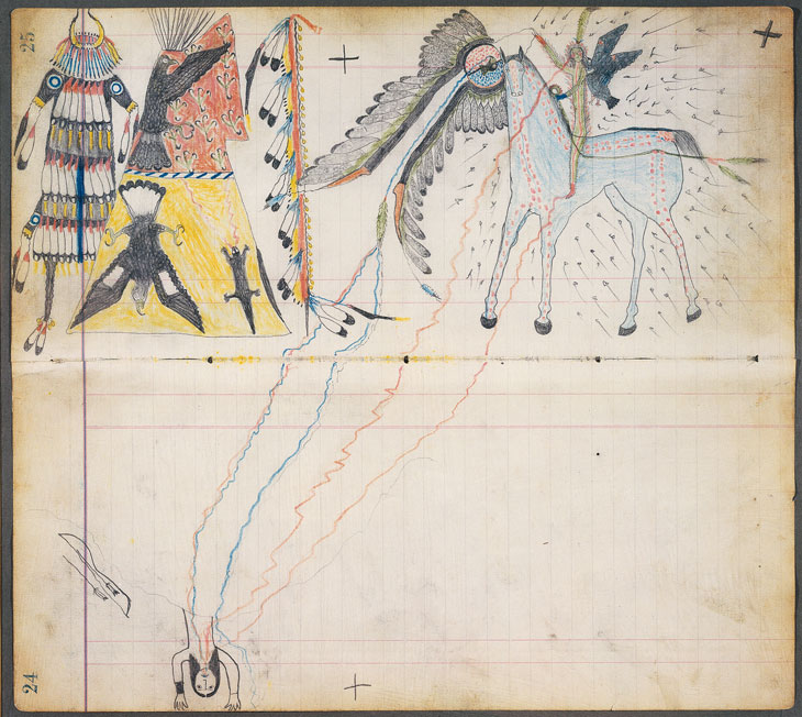 A Medicine Vision (c. 1880), attributed to 'Henderson Ledger Artist A', also known as Horseback, Arapaho, Oklahoma. Promised Gift of Charles and Valerie Diker. Photo: Dirk Bakker