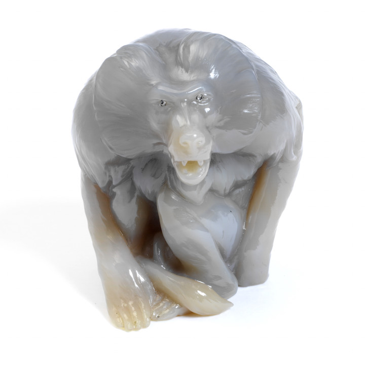 Hissing baboon, chalcedony with rose-cut diamonds eyes, (about 1907), Carl Fabergé. © Victoria and Albert Museum, London