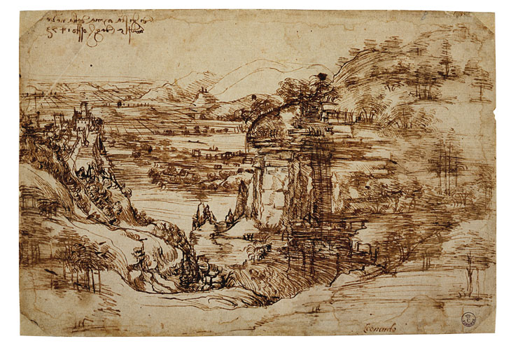 Landscape drawing for Santa Maria della Neve (1473), Leonardo da Vinci. Gabinetto Disegni e Stampe degli Uffizi, Florence