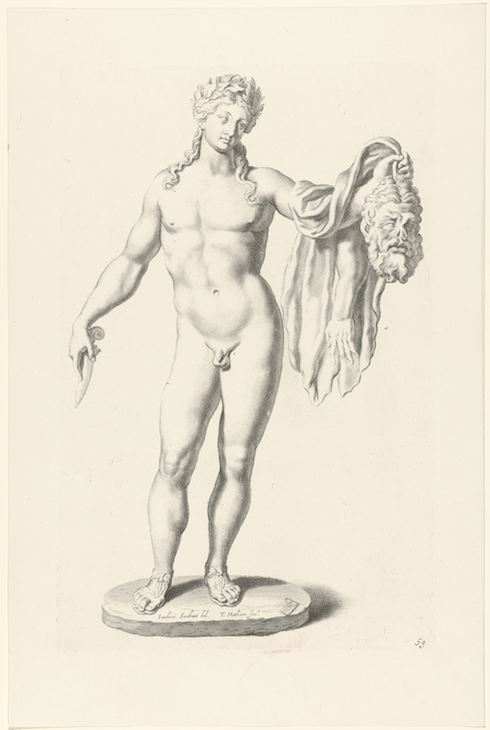 Statue of Apollo with the skin of Marsyas, from Galleria Giustiniana del Marchese V.G, c. 1936, Joachim von Sandrart; engraved by Theodor Matham. Rijksmuseum, Amsterdam