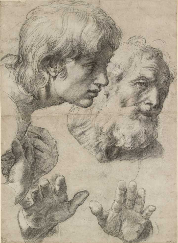 The heads and hands of two apostles (c. 1519–20), Raphael. © Ashmolean Museum, University of Oxford