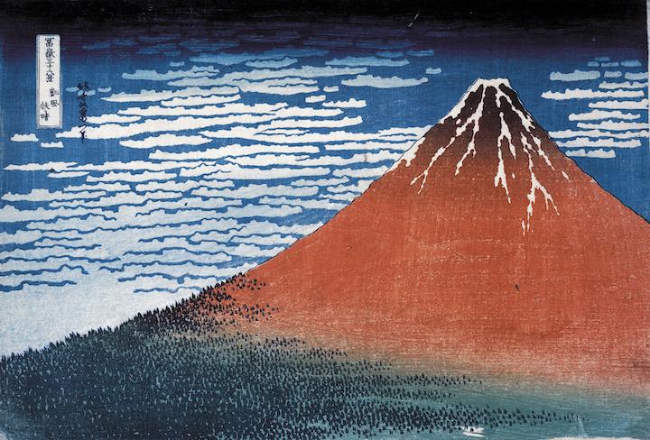 Clear day with a southern breeze (‘Red Fuji’) (1831), Hokusai. © The Trustees of the British Museum