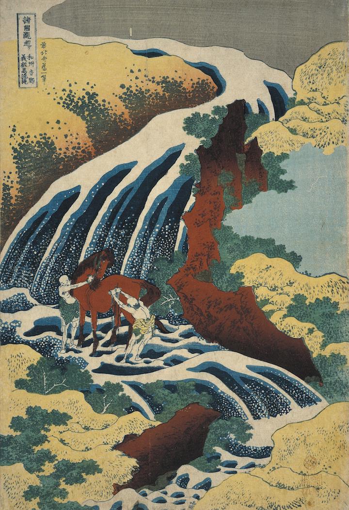 The waterfall where Yoshitsune washed his horse in Yoshino, Yamato province (1833), Hokusai. © The Trustees of the British Museum