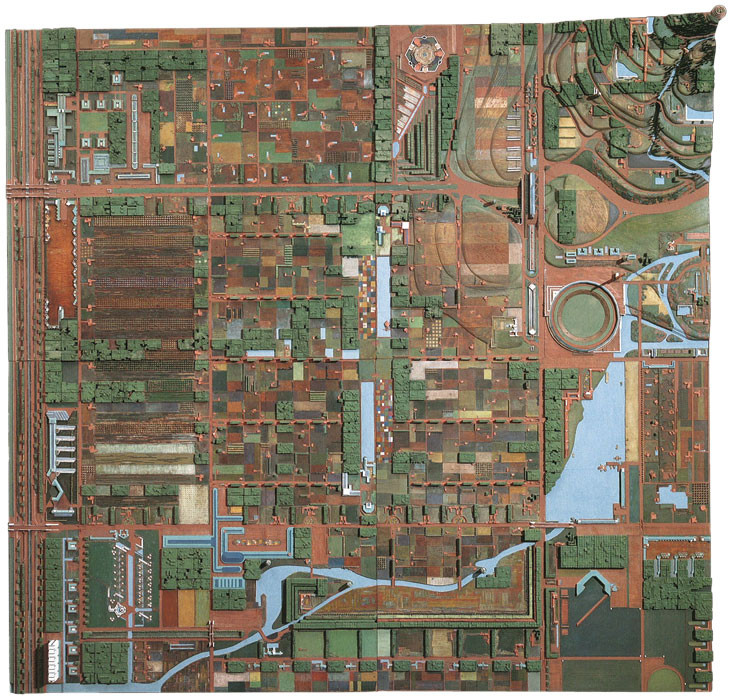 Aerial view of Broadacre City model (1934–35), Frank Lloyd Wright. The Frank Lloyd Wright Foundation Archives, New York © 2017 Frank Lloyd Wright Foundation/Artists Rights Society (ARS), New York