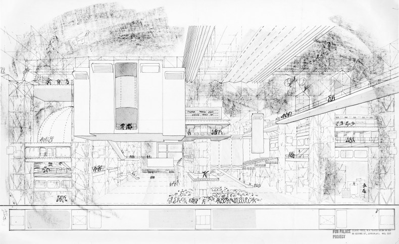 Sketch of the interior fo Cedric Price’s (1934–2003) Fun Palace proposal, c. 1964. Courtesy Architectural Association, London and CCA, Montreal; © Estate of Cedric Price
