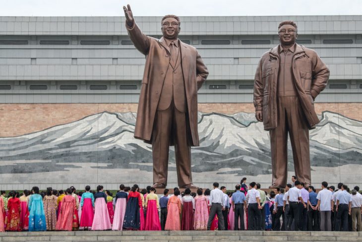 The Mansudae Grand Monument, huge statues of Kim Il-sung and Kim Jong-il in Pyongyang, North Korea. Photo by Carl Court/Getty Images