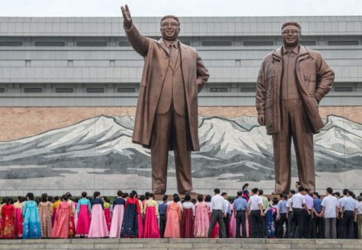 The Mansudae Grand Monument, huge statues of Kim Il-sung and Kim Jong-il in Pyongyang, North Korea. Photo by Carl Court/Getty Images