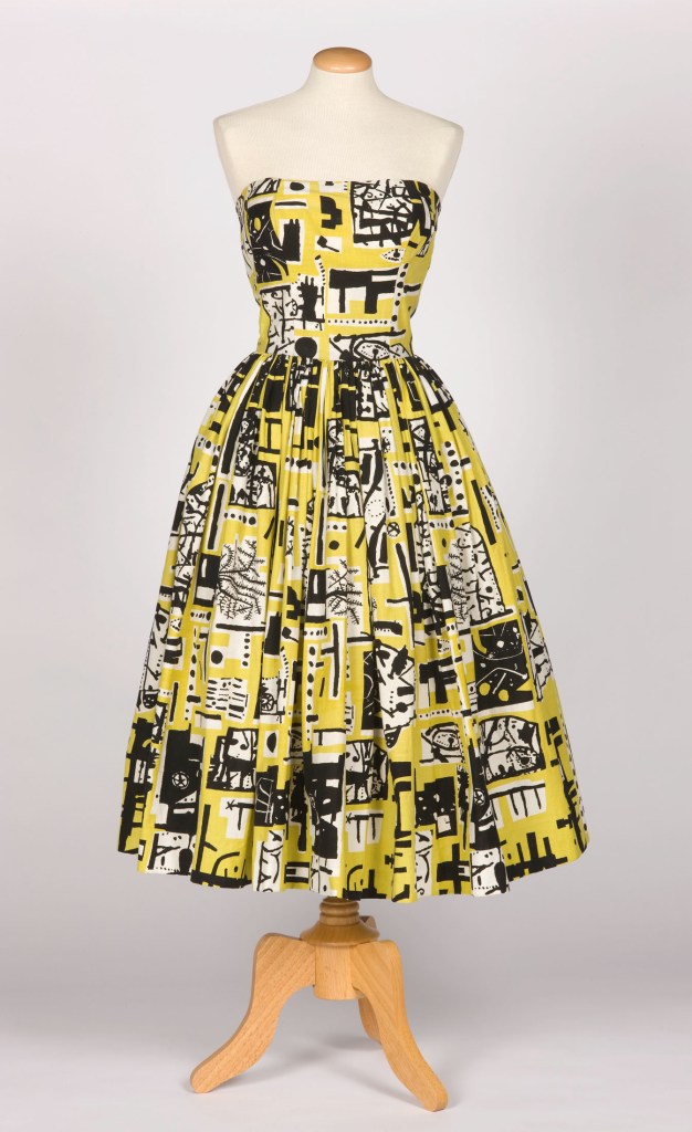 Cocktail dress for Horrockses Fashions, 1953, print designed by Eduardo Paolozzi; dress designed by John Tullis, photo: Norwyn Ltd; © Trustees of the Paolozzi Foundation, DACS 2017