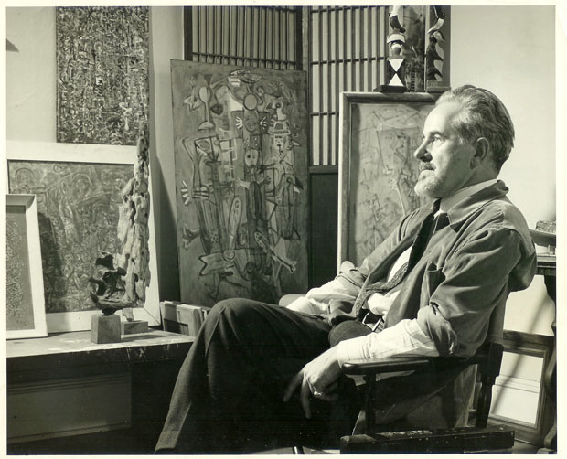 Mark Tobey in his studio (1949). Courtesy Arthur Lyon Dahl. Photo by Larry Novak