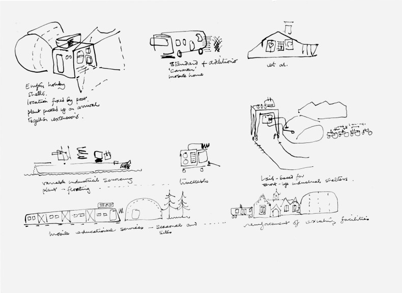 Cedric Price’s 1968 sketches of vacation homes, industrial plants, and educational services in his Null-Plan scheme, later known as the Non-Plan. Courtesy Architectural Association, London; © Estate of Cedric Price